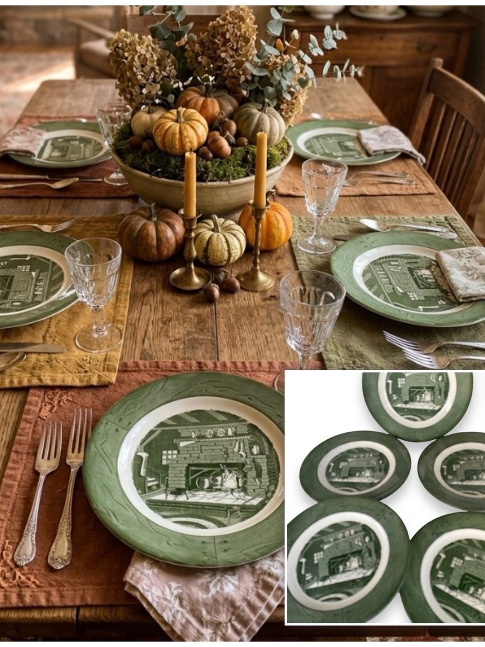 5 Vintage 1950 Colonial Homestead Royal China Fireplace Scene 10”Dinner Plates